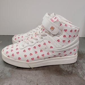 Adorable Fila Vulc 13, Hearts High Top Sneaker Women's Pink White Size  7